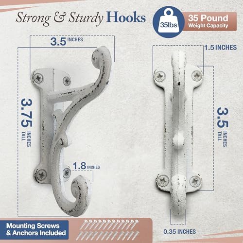 Rustic Cast Iron Coat Hooks Antique White, Wall Mounted, Farmhouse Decorative - Image 3
