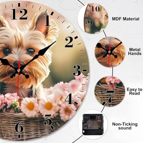 12" Silent Wall Clock, Round Wall Clock, Flower Basket Puppy - Image 3