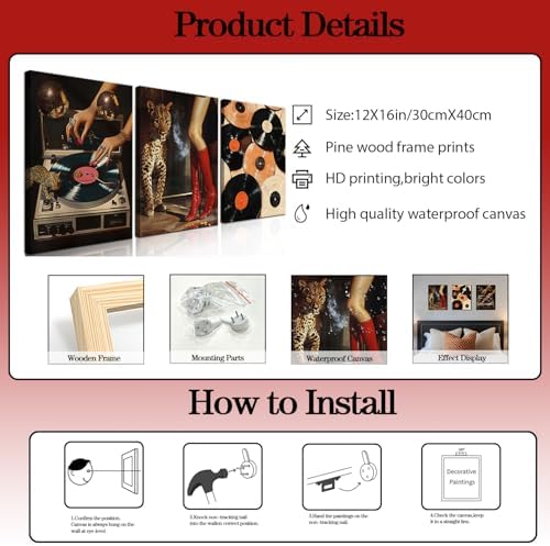 Framed Trendy Leopard Canvas Wall Art Set of 3, Funky Cheetah Music Vinyl - Image 6