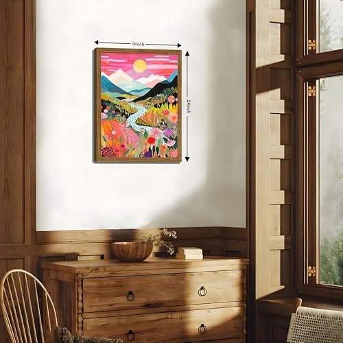 Boho Colorful Mountain Wall Art Set of 3, Abstract Watercolor Landscape Flower - Image 4
