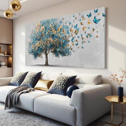 YISXINOAG Blue Gold Tree of Life Wall Art Butterfly Landscape Print 29"X58" by YISXINOAG