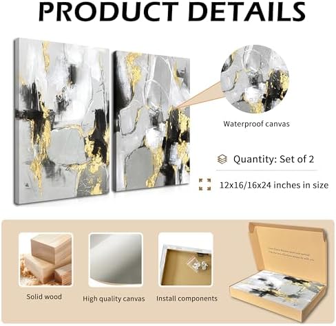 Framed Abstract Black Gold Wall Art Set of 2, Modern Black White Gold Canvas - Image 3