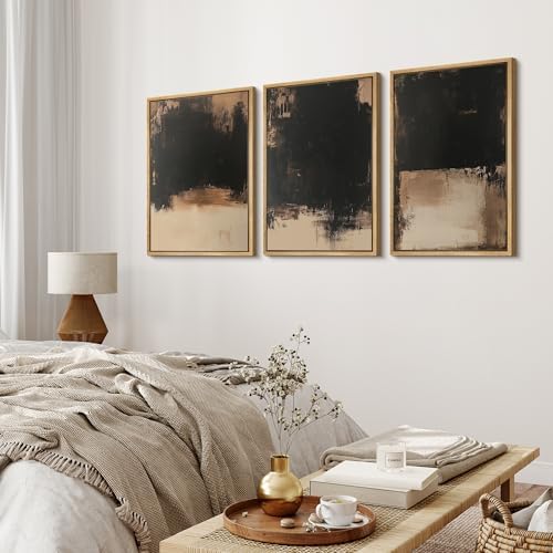 MUDECOR Framed Canvas Print Wall Art Dark Abstract Black and Beige Minimalist - Image 3