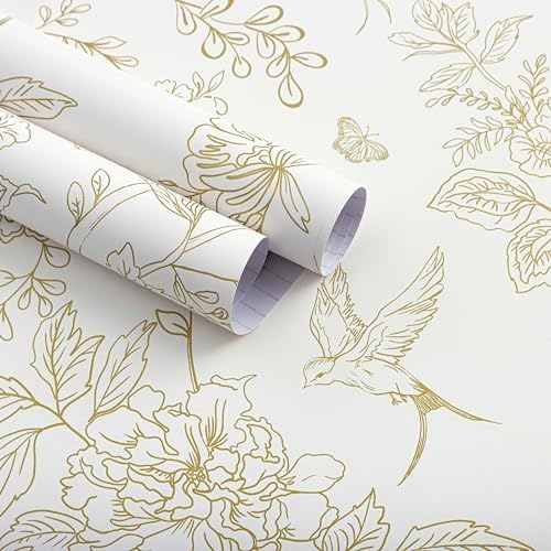Froluya Cream White and Gold Floral Peel and Stick Wallpaper 17.7in×118.1in by Froluya