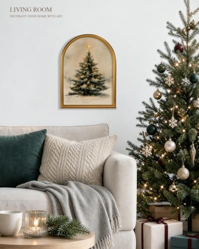 VIYYIEA Gold Arched Framed Christmas Tree Wall Art, Cozy Winter Pine Prints - Image 3