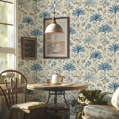 Stickorama Vintage Chinoiserie Blue Palm Tree Floral Peel and Stick Wallpaper - Image 2