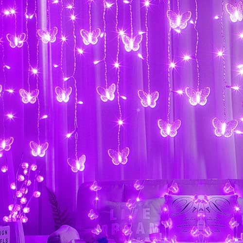 Purple Butterfly Curtain Fairy Lights USB Plug in, 120 LED 8 Modes 20FT Firefly by SunKite