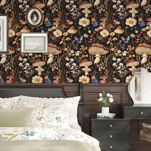 BOKEBEVE Mushoroom Wallpaper Peel and Stick Boho Black Brown 17.5 x 118In - Image 5