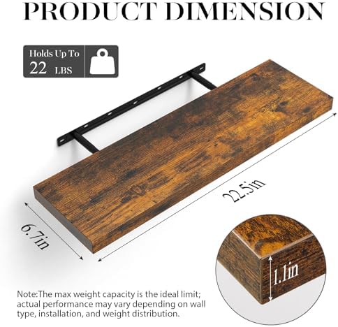 BAYKA Rustic Brown Floating Shelves 22.5in, Wall Mount Wood Shelf - Image 3