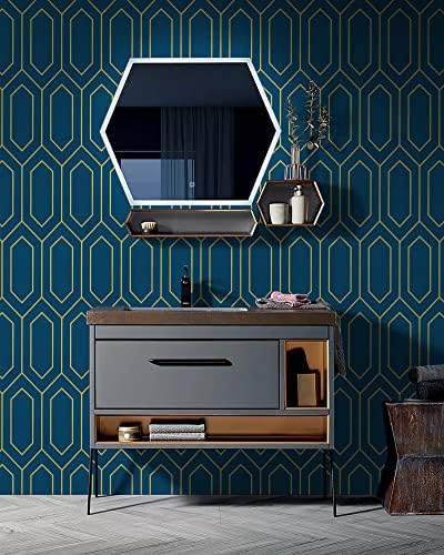 Safiyya Gold and Blue Peel and Stick Wallpaper Geometric Contact Paper by SAFIYYA