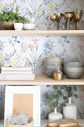 Erfoni Boho Floral Peel and Stick Wallpaper Blue Floral Birds Contact Paper - Image 4