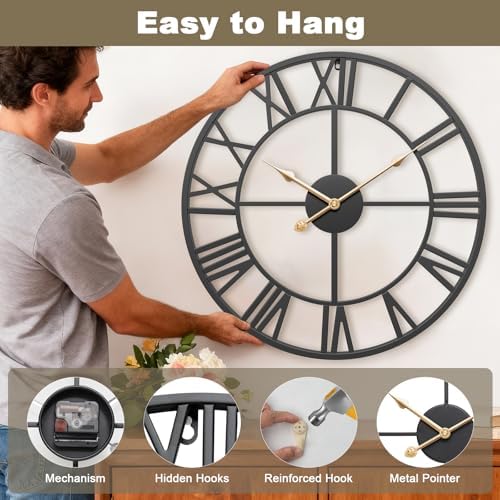 16 Inch Black Metal Roman Numerals Wall Clocks - Image 4