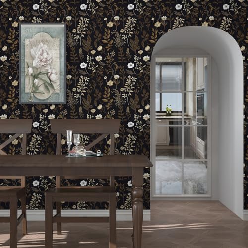 Black Dark Muted Gold Floral Peel and Stick Wallpaper 17.5" x 393" - Image 3