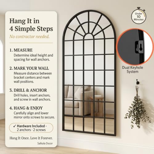 64x30Inch Large Arched Window Pane Mirror| Black Arched Mirrors - Image 5
