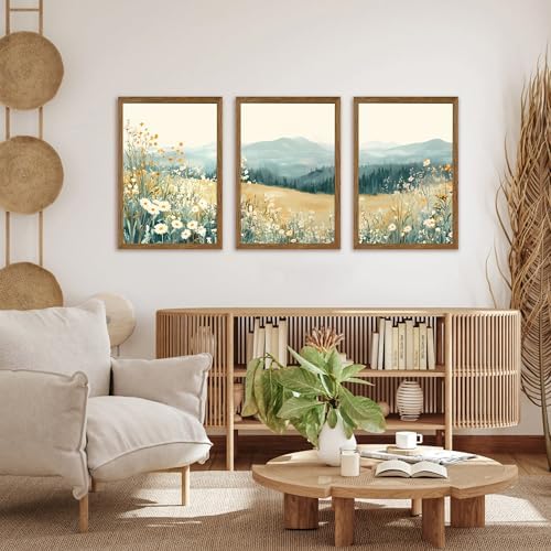 AVECCO 3 Pieces Wildflower Meadow Mountain Framed Canvas Wall Art 16x24 in - Image 2