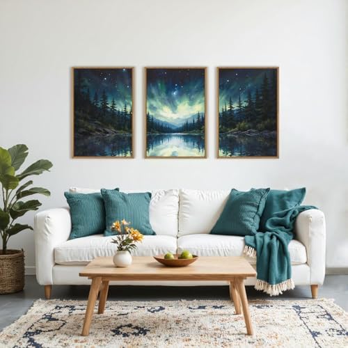 Luminous Northern Lights Forest Lake Framed Canvas Wall Art Set-24"x36"x3 - Image 2
