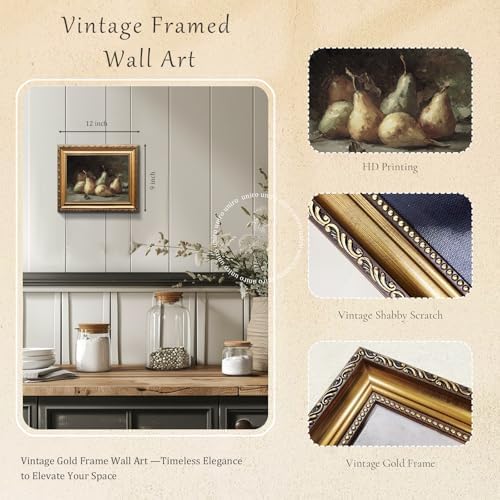 uniro Vintage Gold Framed Wall Art, Vintage Pears Still Life Canvas Art Prints - Image 2