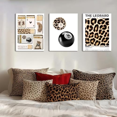 Framed Trendy Leopard Canvas Wall Art Set of 3, Preppy Cheetah Lucky 8 Ball - Image 6
