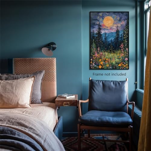 Yuaruo Vintage Full Moon Above The Wildflowers Canvas Wall Art, Mystical - Image 4