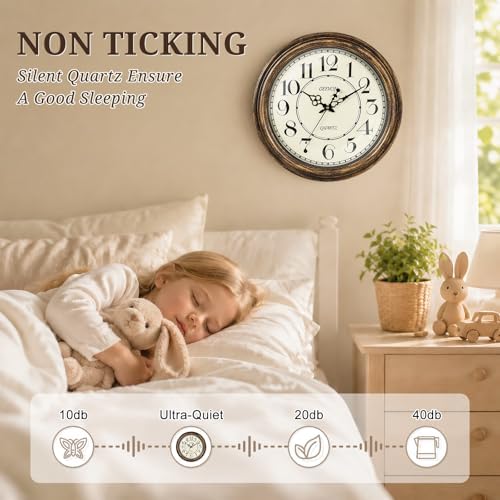 Geevon Vintage Wall Clock, Silent 18" Non Ticking Retro Round Clock Quartz - Image 2