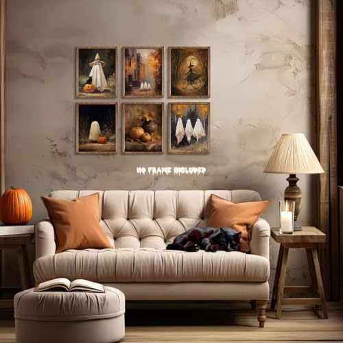 HTTART Vintage Halloween Ghost Poster Set of 6, Gothic Cute Ghost Witch Canvas - Image 7