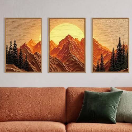 Large Boho Golden Mountain Framed Canvas Wall Art Set-16"x24"x3 by Celestdeco