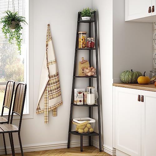 Hoctieon Corner Shelf, 5-Tier Corner Bookshelf, Rustic Ladder Shelf, Industrial - Image 3