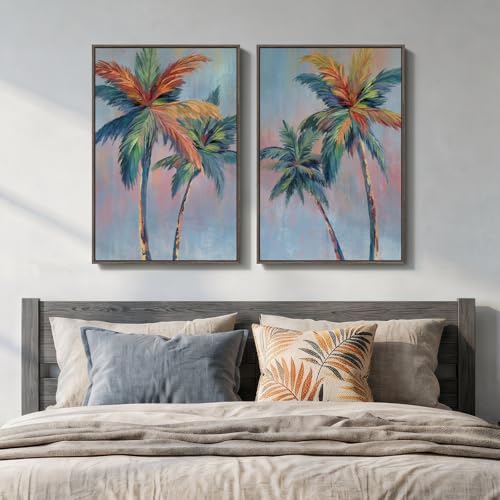 Framed Coastal Colorful Palm Tree Set of 2 Wall Art Bedroom, 16x24 Inch by Cuspin