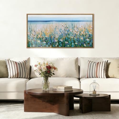 Large Blue Seaside Cyan Floral Wall Painting wildflower Blossom Art Framed - Image 3