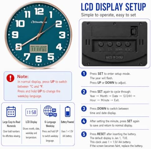 Cloud Space 12” Silent Wall Clock Battery Operated, Non Ticking Modern Wall - Image 6