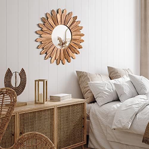 Emfogo Wall Mirror 21 inch Rustic Wood Sunburst Boho Mirror Wall Decor Home - Image 2