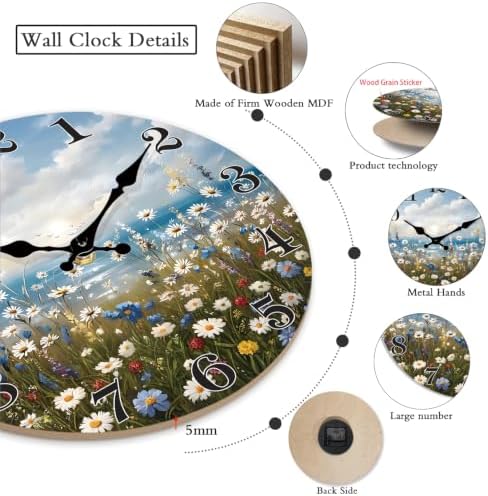 XFM Silent Beach Flowers Wall Clock 12 Inch Blue Coastal - Image 3