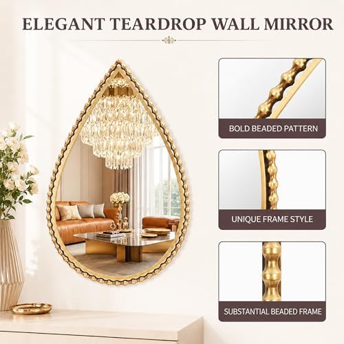 24" x 36" Teardrop Wall Mirror, Antique Gold Bold Beaded Frame - Image 3