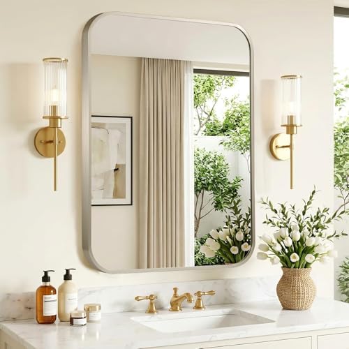 Brushed Nickel Bathroom Mirror for Over Sink, Modern Decorative Vanity Mirror by Titameg