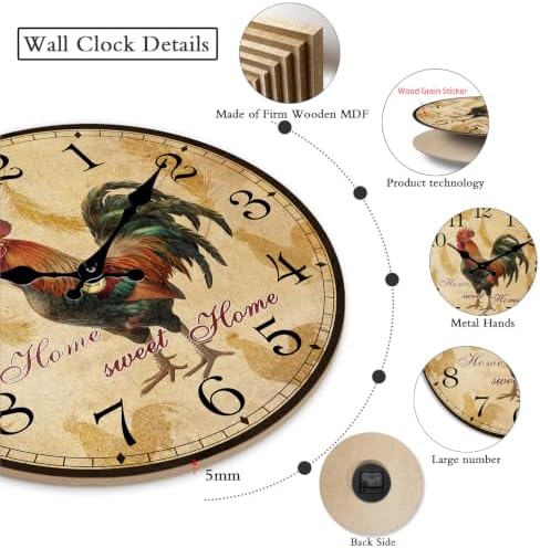 XFM Vintage Kitchen Wall Clock 12 Inch Retro Rooster - Image 3