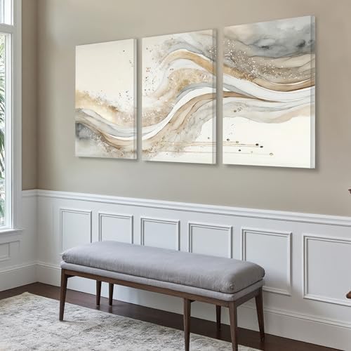 AVECCO Triptych Abstract Gold Grey Wave Wrapped Wall Art Canvas 16x24 Inch - Image 3