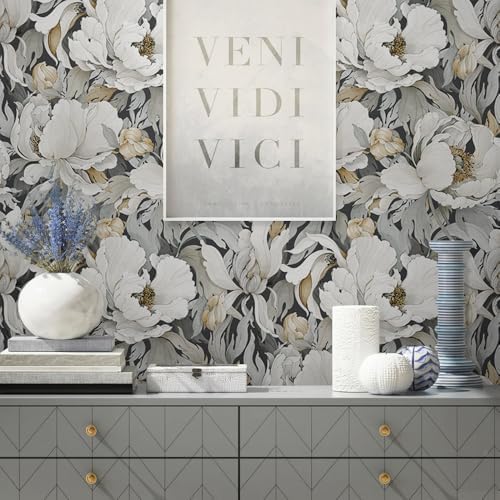 Modern Dark Grey White Poppy Floral Peony Flowers Peel and Stick Wallpaper Wall - Image 4