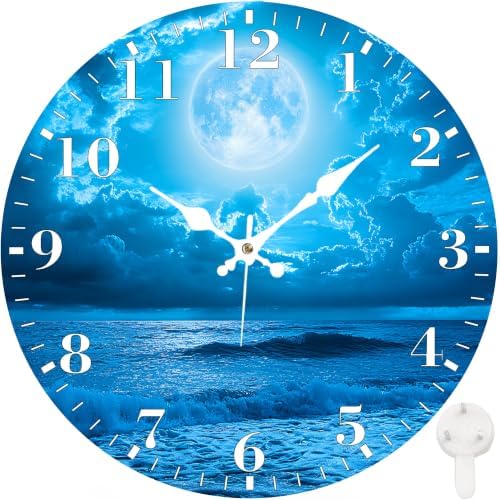 12" Silent Wall Clock, Round Wall Clock, Moon Ocean Waves by Unknown