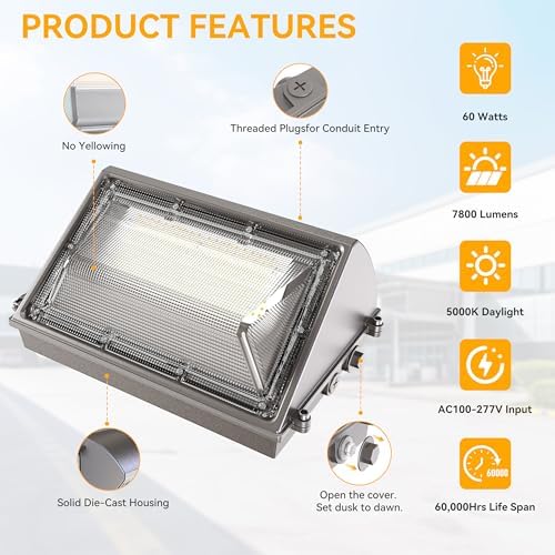 60W LED Wall Pack Light with Dusk to Dawn Photocell - Image 3