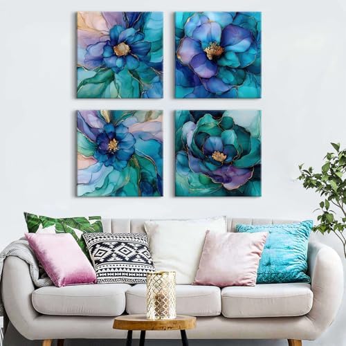 Teal Blue and Gold Canvas Wall Art Abstract Wall Decor Flowers Picture Colorful - Image 5
