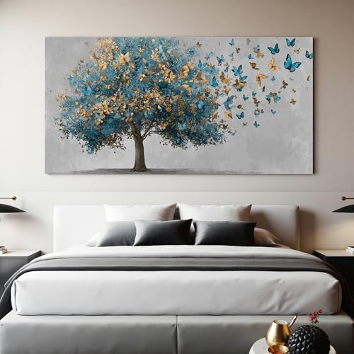 YISXINOAG Blue Gold Tree of Life Wall Art Butterfly Landscape Print 29"X58" - Image 4