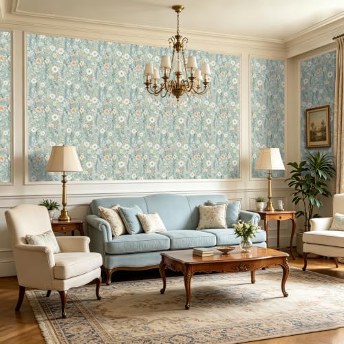 Boho Pale Blue Daisy Floral Peel and Stick Wallpaper 17.5" x 118" - Image 7