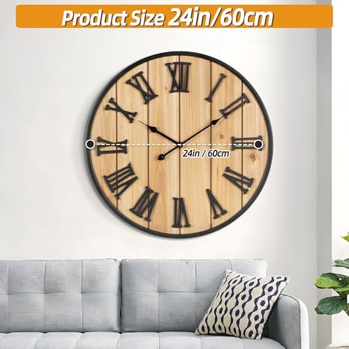 Large Wall Clock 24IN, Silent Metal Wood Style Wall Clocks Battery Operated - Image 3