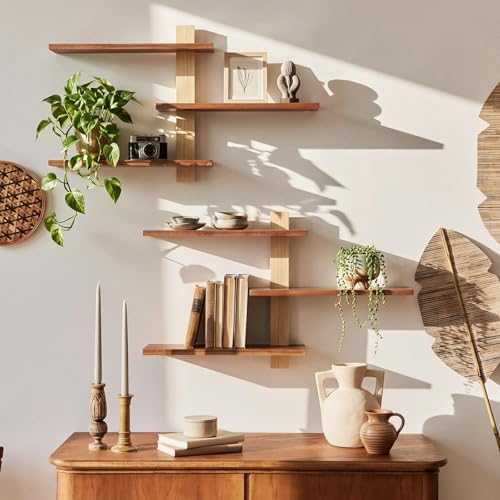 Pinkunn 2 Pack Floating Wall Shelf Mid Century Decor, Natural Wood, 3 Tier - Image 3