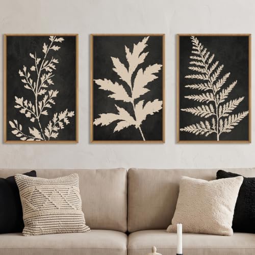 Boho Black Tan Fern Leaf Framed Canvas Wall Art Set -16"x24"x3 by Ausril