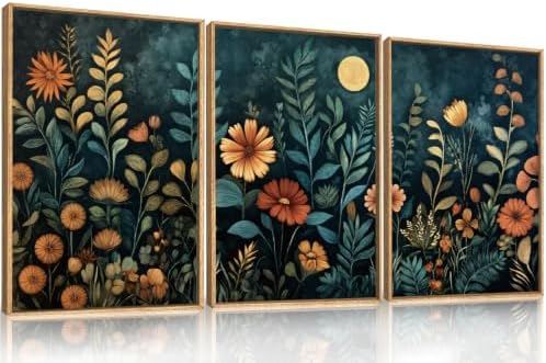 Moody Blue Floral Botanical Framed Canvas Wall Art Set-24"x36"x3 - Image 5