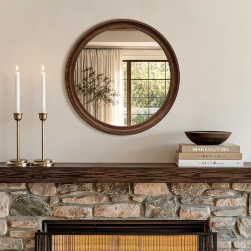 Round Wood Mirror, Walnut Brown - Image 5