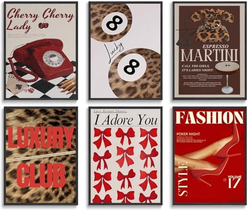 6Pcs Trendy Leopard Wall Art Gallery Girly Prints Red Fashion Wall Canvas by Tainilen