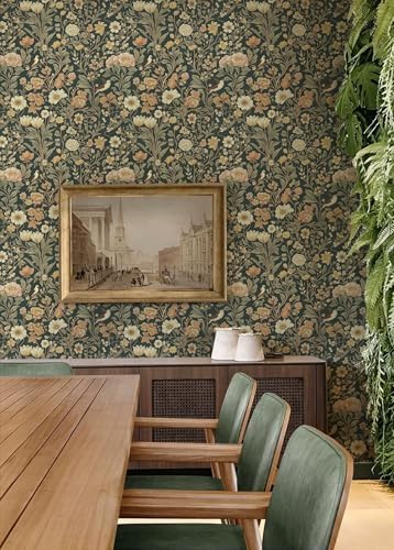 Jeweluck Dark Green Floral Peel and Stick Wallpaper Vintage 16.9" x 196.8" - Image 6