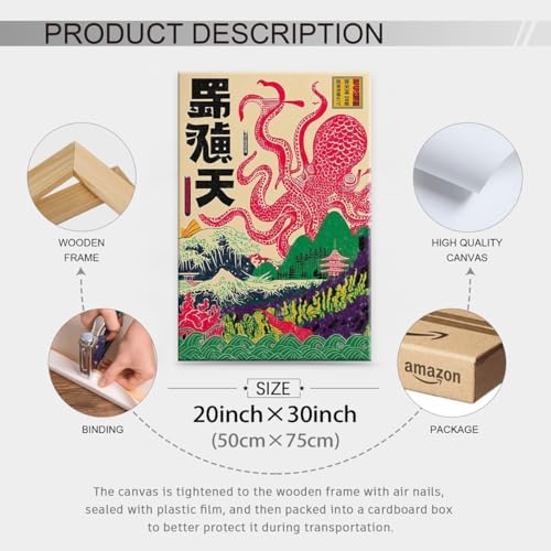 Framed Japanese Wall Art Octopus Ocean Theme Canvas Print 20x30in Vintage - Image 2